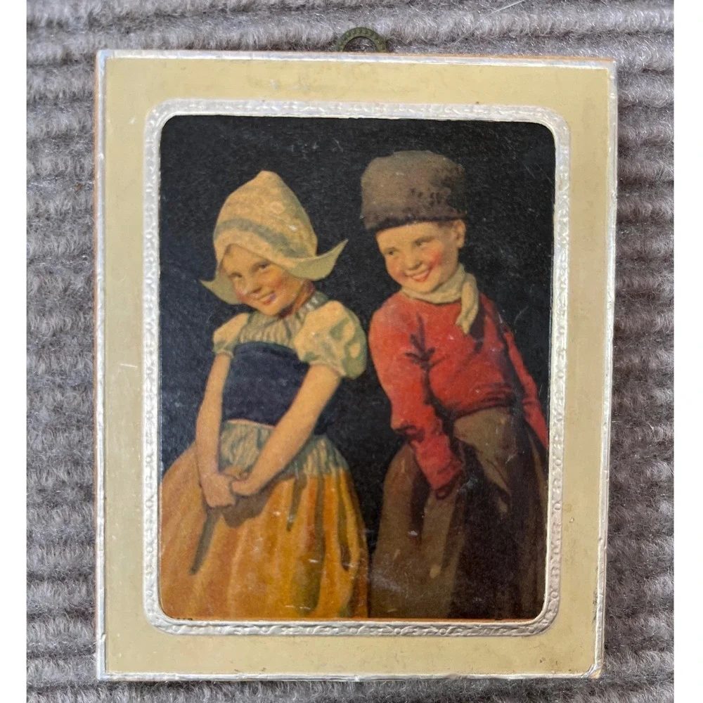 Vintage Dutch Children Wood Wall Plaques Set of 2 Miniature Folk Art Boy Girl